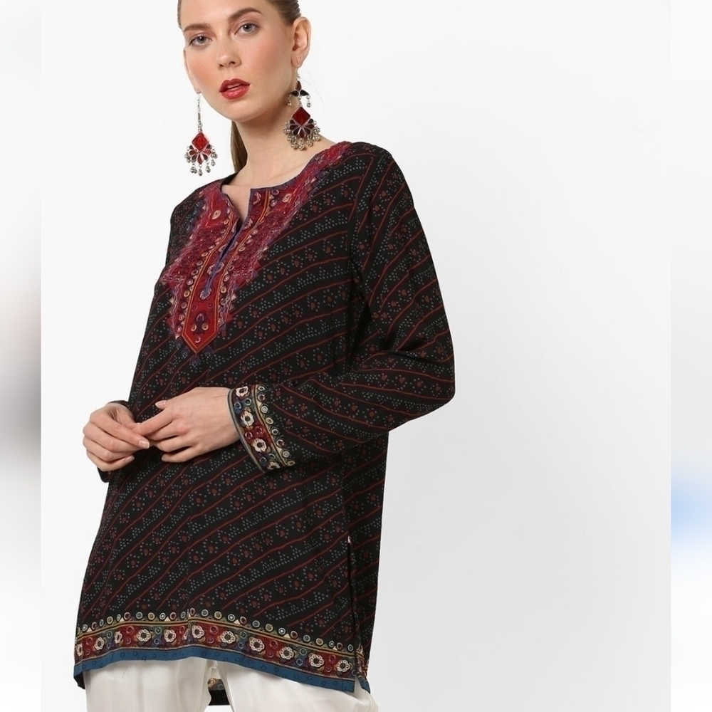 BIBA Lightweight 3/4 Sleeve Tunic, Black Red Blue Floral, 13447, Size Small